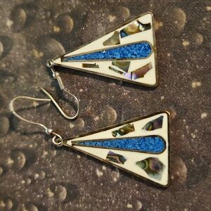 Alpaca Mexico Triangle Turquoise Chips Abalone Pierced Wire Earrings